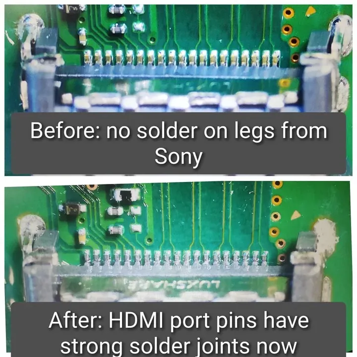 PS5 HDMI port replacement showing the new port soldered to the mainboard under a microscope, before and after